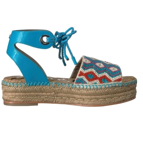 SAM EDELMAN "NEERA"  BLUE & RED BEADING ESPADRILLE WEDGES SZ 6.5 BOHO COASTAL - Picture 3 of 13